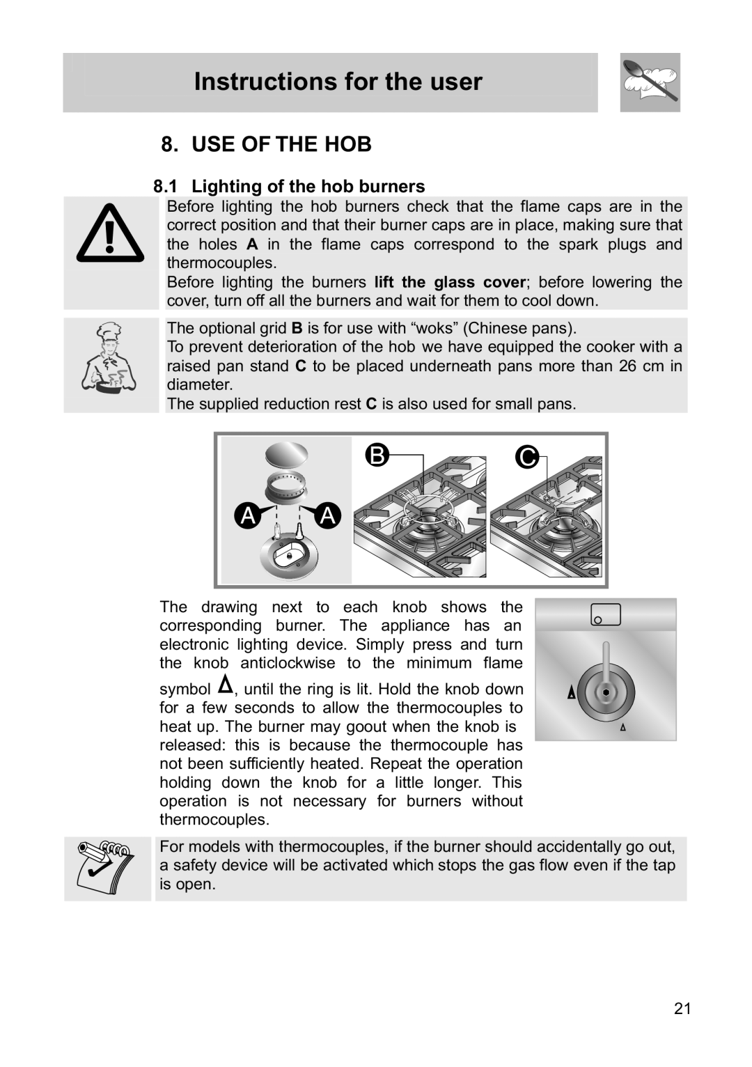 Smeg FS61MFXLP, FS60WHNG, FS60XNG manual Use Of The Hob, Lighting of the hob burners, Instructions for the user 