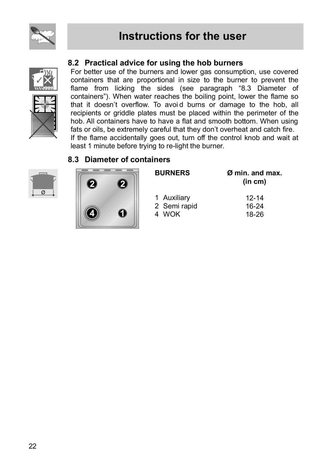 Smeg FS61MFXLP Practical advice for using the hob burners, Diameter of containers, Instructions for the user, Burners 