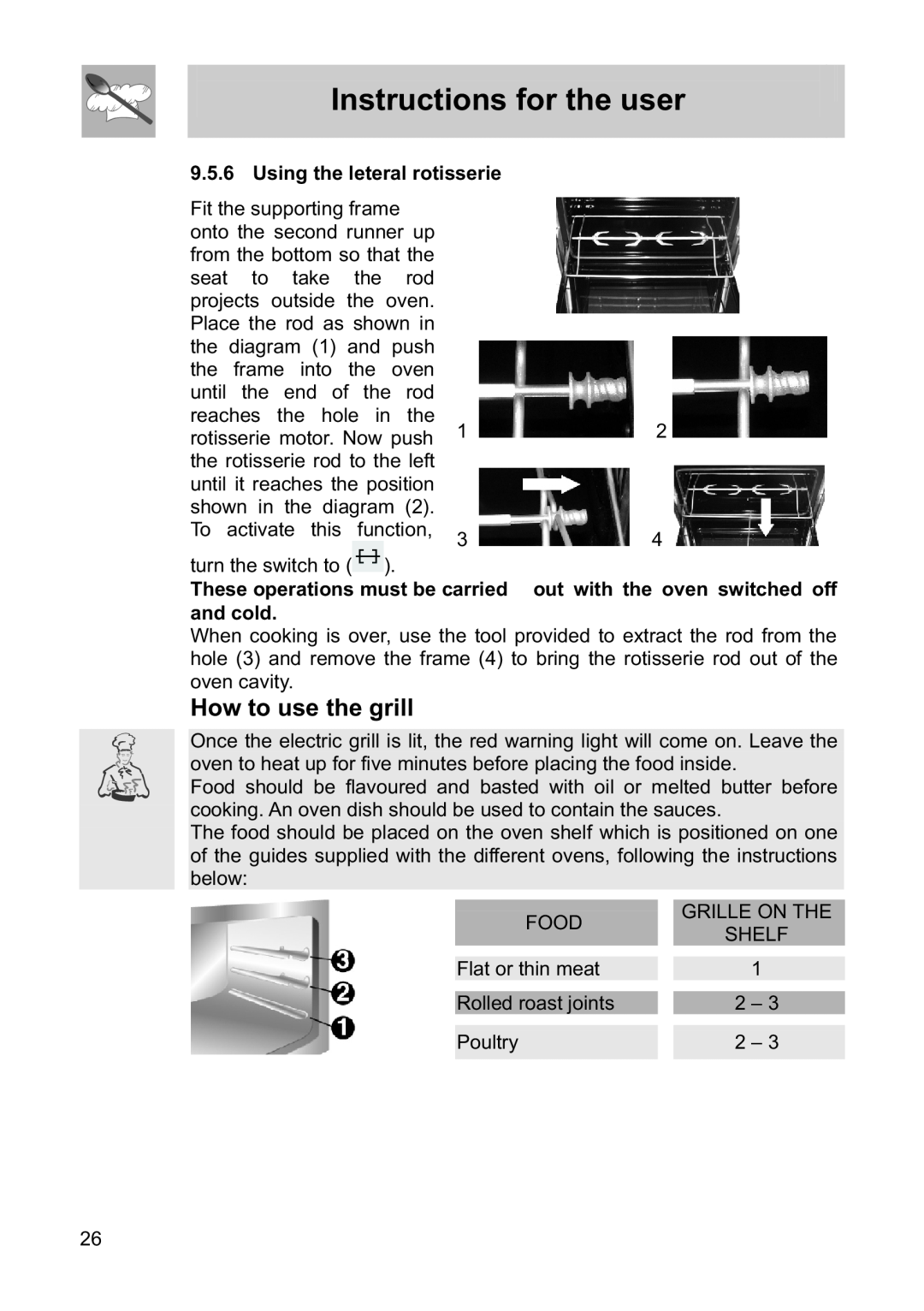 Smeg FS61MFXLP, FS60WHNG, FS60XNG How to use the grill, Instructions for the user, Using the leteral rotisserie, and cold 