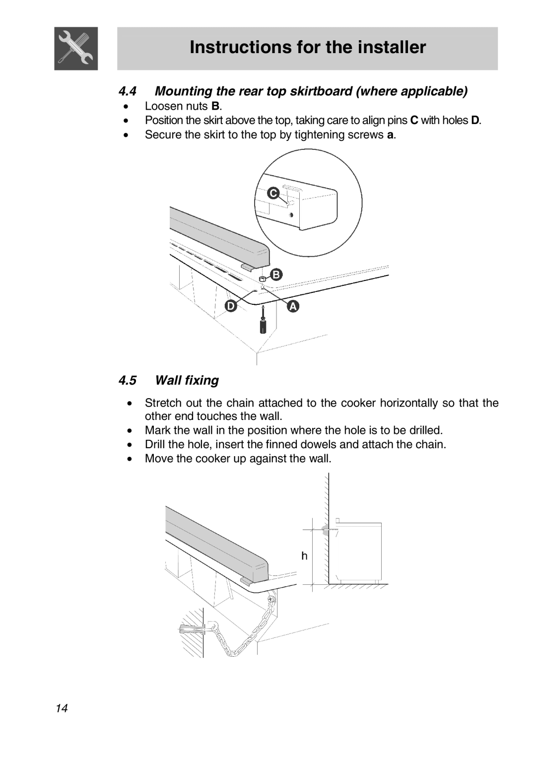 Smeg FS61XPZ5 manual Mounting the rear top skirtboard where applicable, Wall fixing 