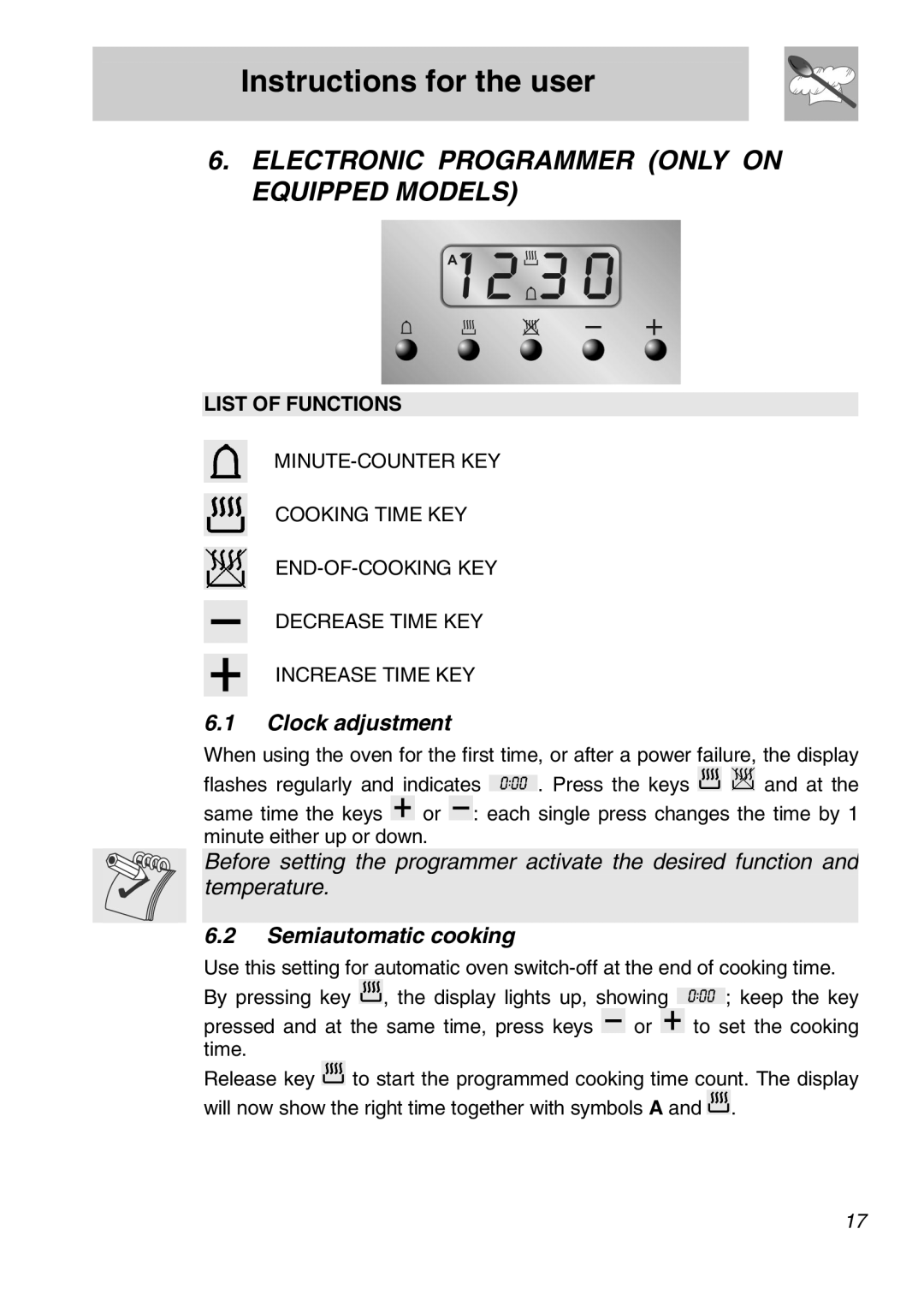 Smeg FS61XPZ5 Electronic Programmer only on Equipped Models, Clock adjustment, Semiautomatic cooking, List of Functions 