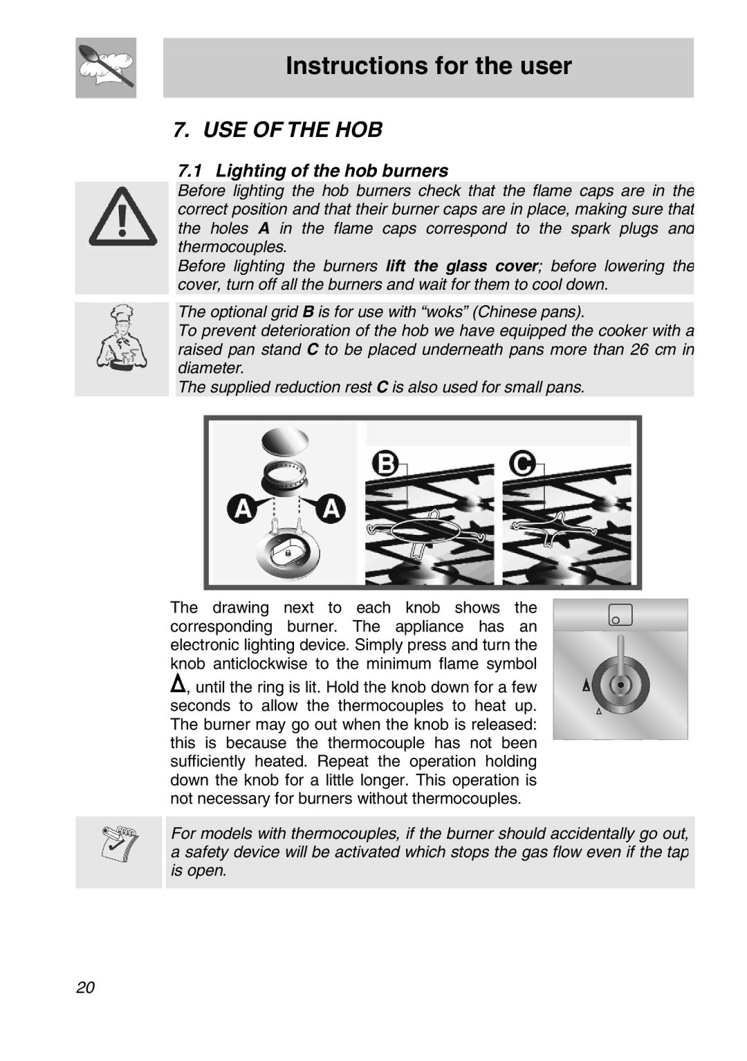 Smeg FS61XPZ5 manual USE of the HOB, Lighting of the hob burners 