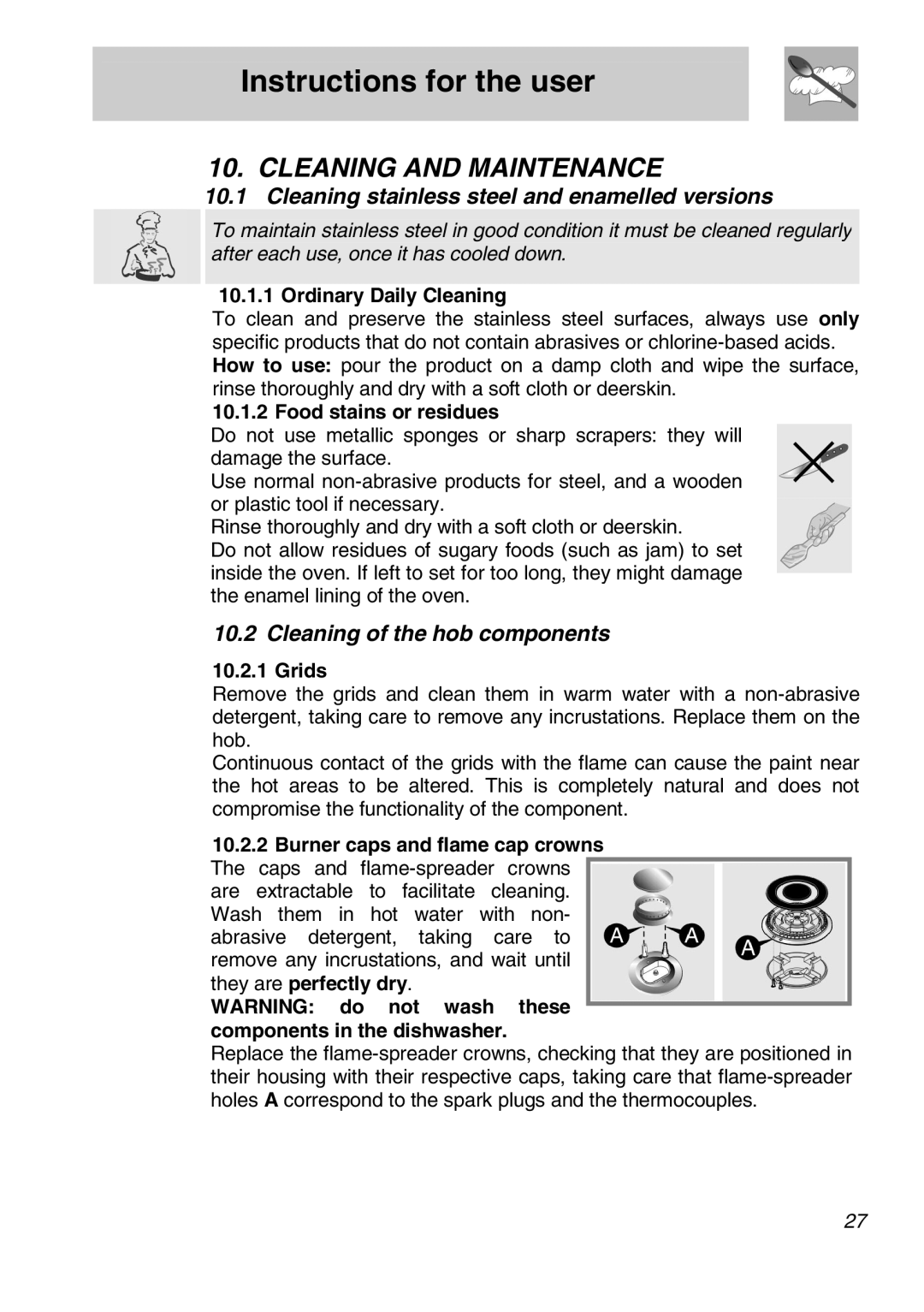 Smeg FS61XPZ5 Cleaning and Maintenance, Cleaning stainless steel and enamelled versions, Cleaning of the hob components 