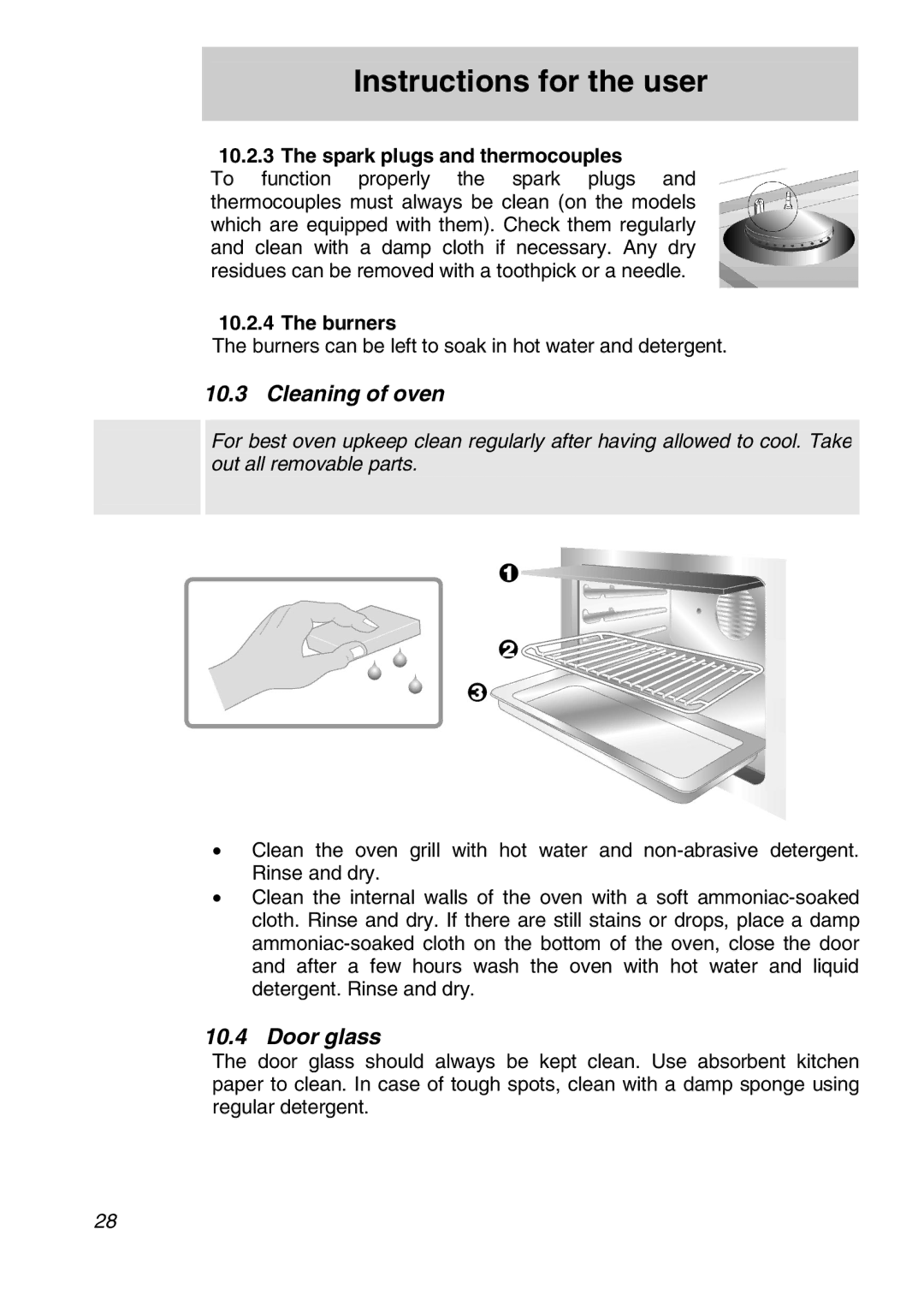 Smeg FS61XPZ5 manual Cleaning of oven, Door glass, Spark plugs and thermocouples 