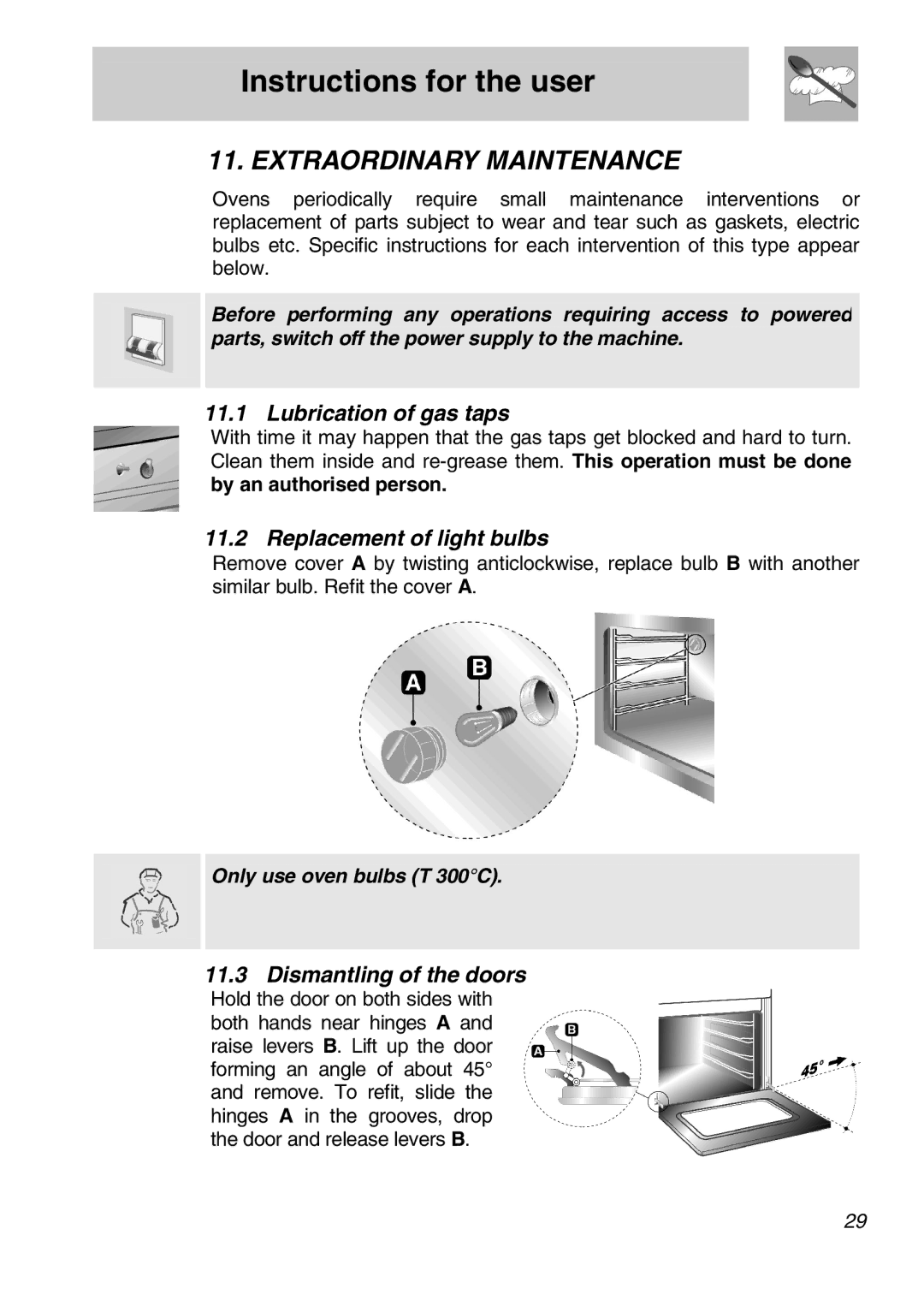 Smeg FS61XPZ5 Extraordinary Maintenance, Lubrication of gas taps, Replacement of light bulbs, Dismantling of the doors 