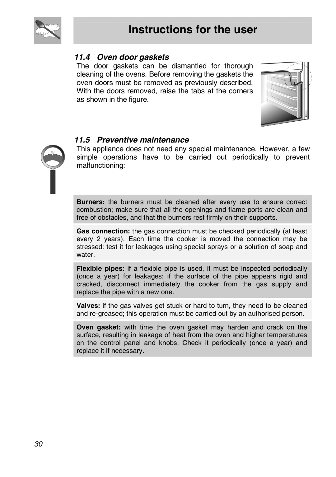 Smeg FS61XPZ5 manual Oven door gaskets, Preventive maintenance 