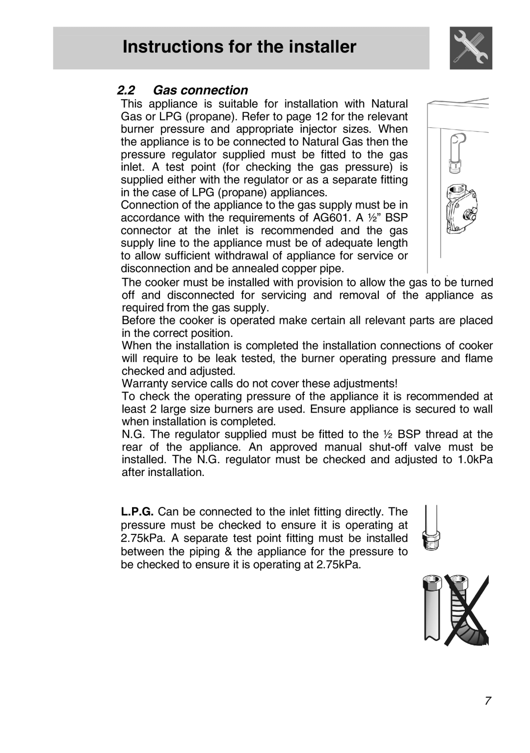 Smeg FS61XPZ5 manual Gas connection 