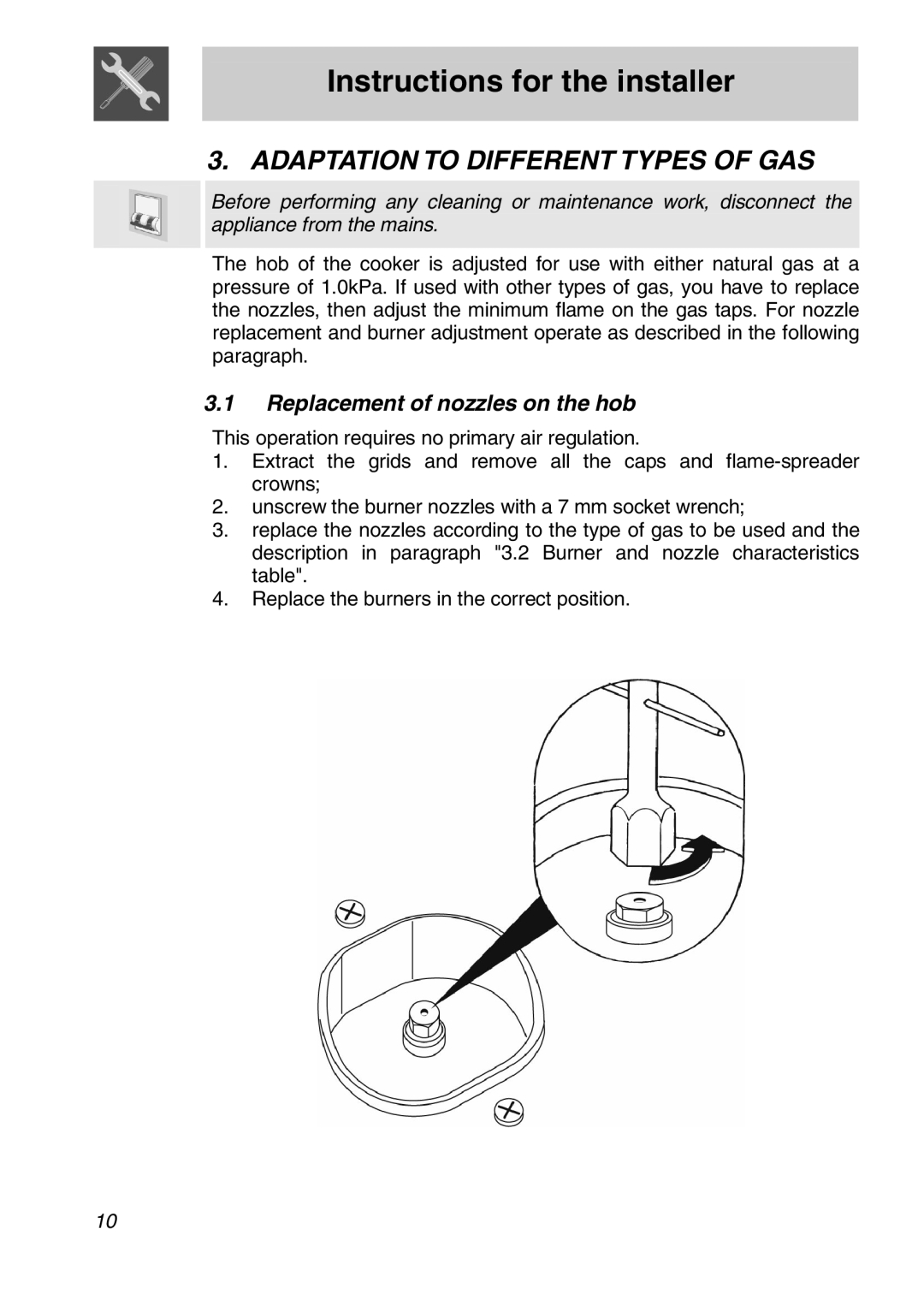 Smeg FS61XPZ5 manual Adaptation to Different Types of GAS, Replacement of nozzles on the hob 