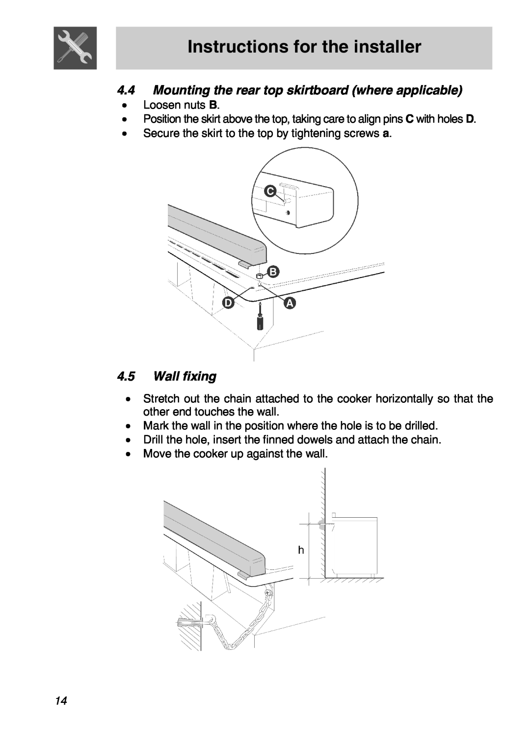 Smeg FS61XPZ5 manual Mounting the rear top skirtboard where applicable, Wall fixing, Instructions for the installer 