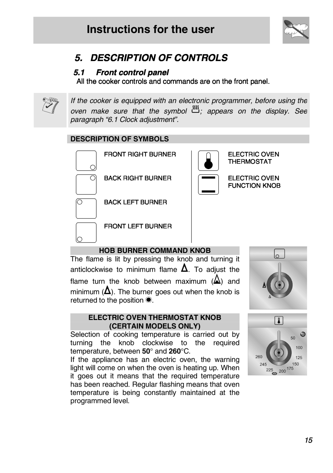 Smeg FS61XPZ5 manual Instructions for the user, Description Of Controls, Front control panel, Description Of Symbols 