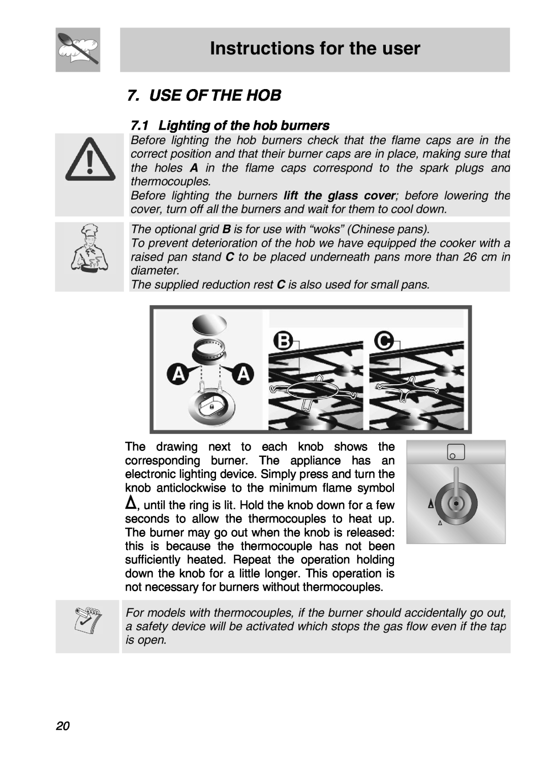 Smeg FS61XPZ5 manual Use Of The Hob, Lighting of the hob burners, Instructions for the user 