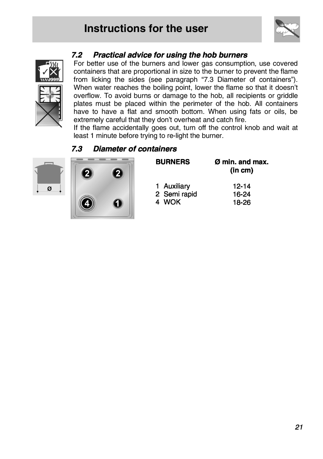 Smeg FS61XPZ5 manual Practical advice for using the hob burners, Diameter of containers, Instructions for the user, Burners 