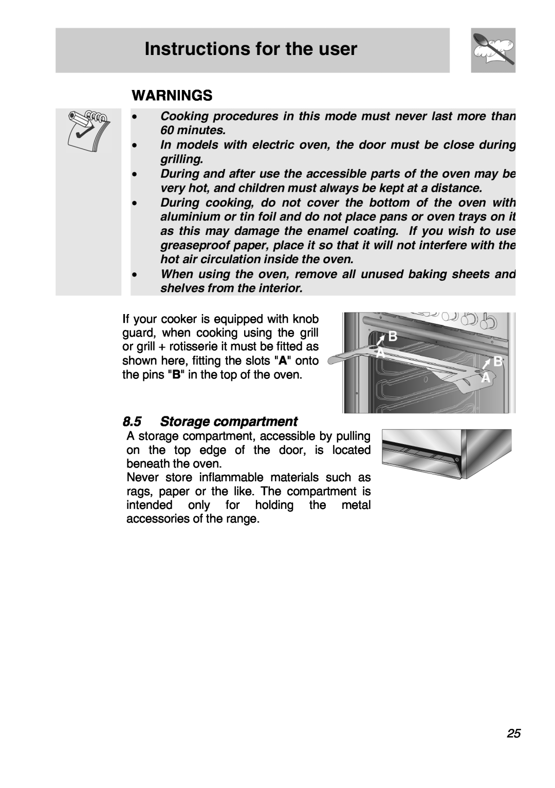 Smeg FS61XPZ5 manual Warnings, Storage compartment, Instructions for the user 