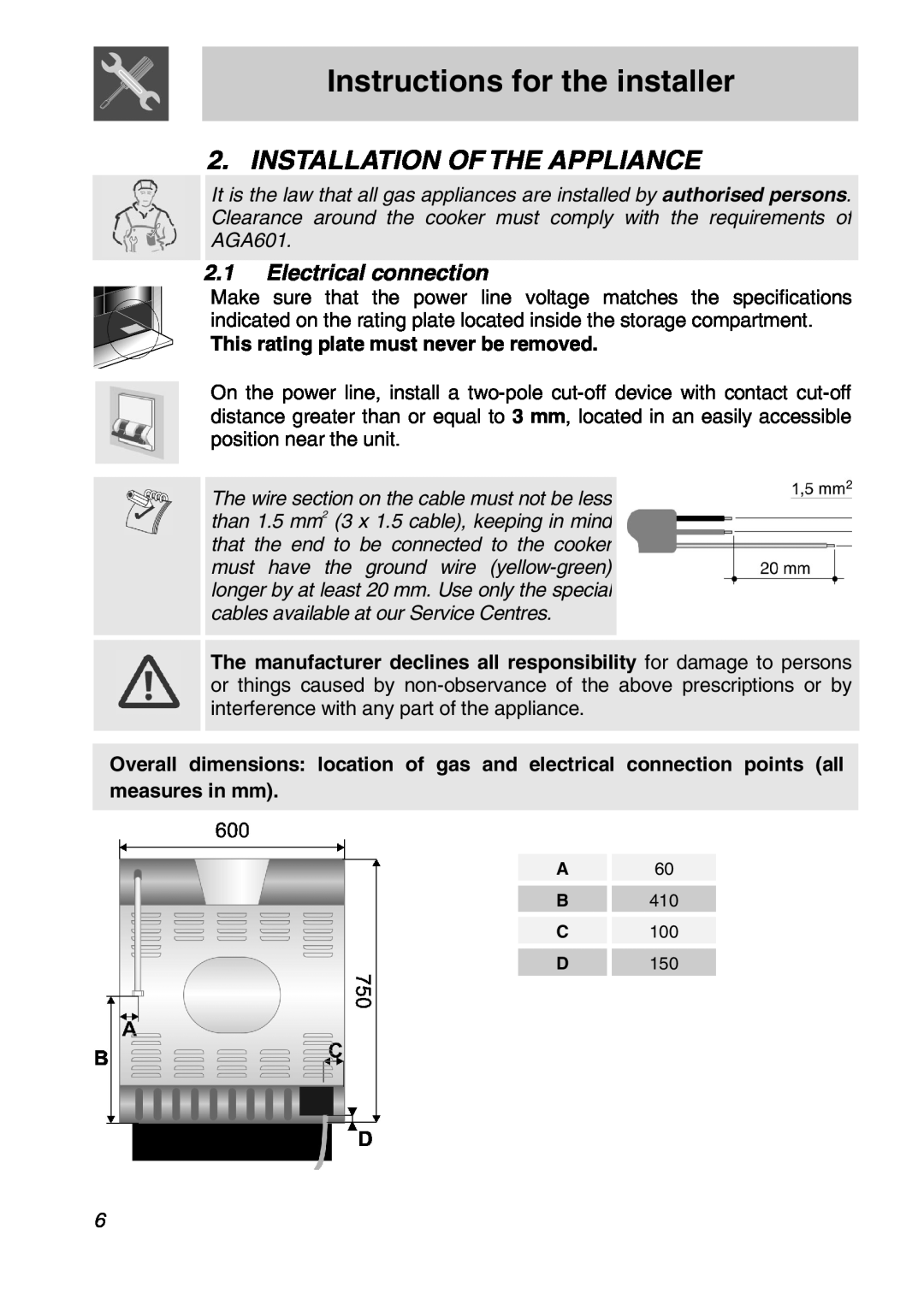 Smeg FS61XPZ5 manual Instructions for the installer, Installation Of The Appliance, Electrical connection 