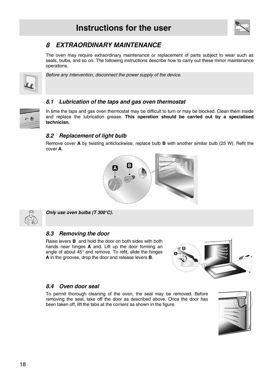 Smeg FS66MFX manual Extraordinary Maintenance, Lubrication of the taps and gas oven thermostat, Replacement of light bulb 