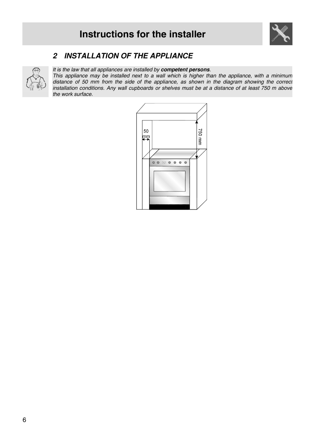 Smeg FS66MFX manual Instructions for the installer, Installation of the Appliance 