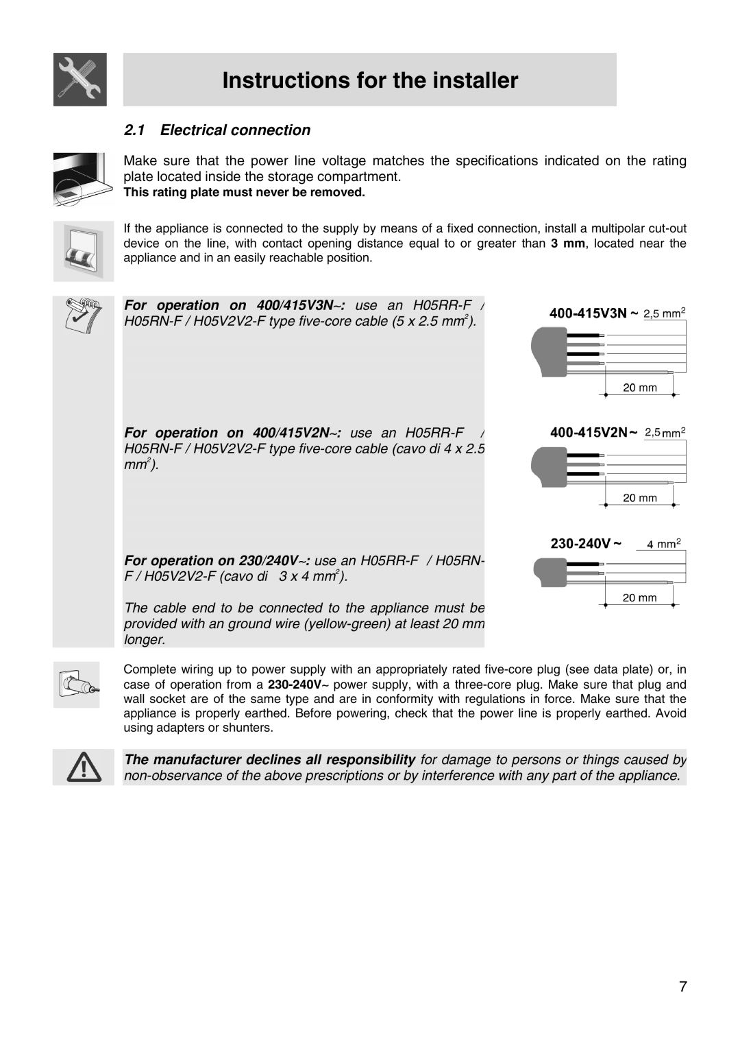 Smeg FS66MFX manual Electrical connection, This rating plate must never be removed 