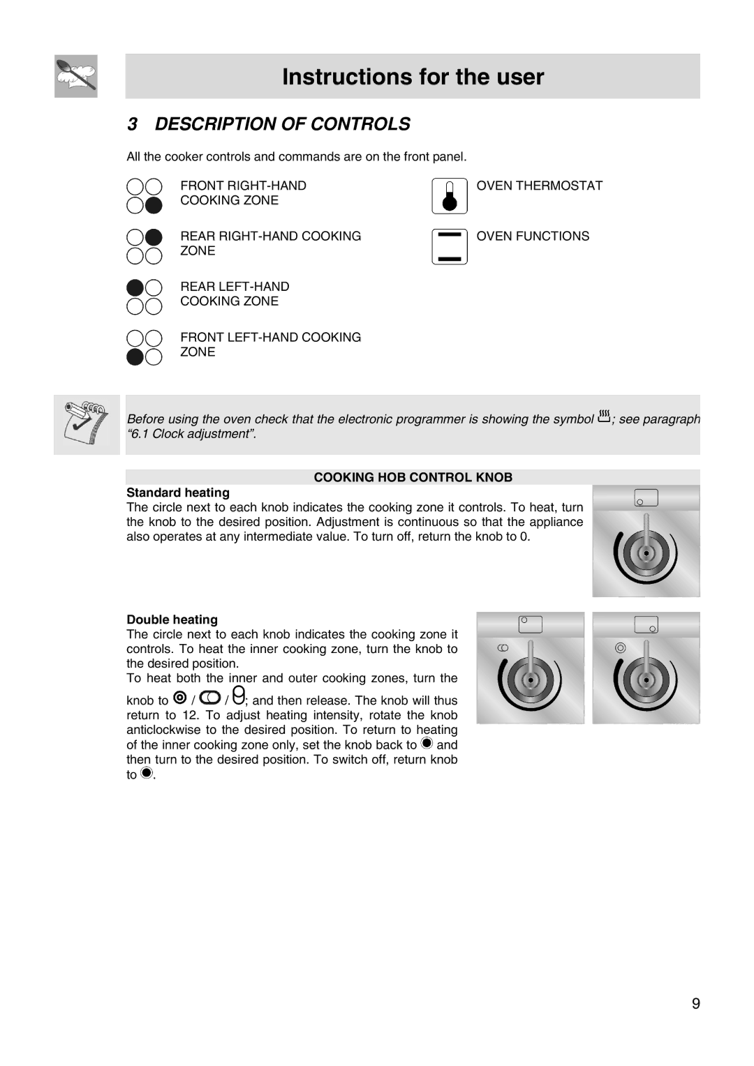 Smeg FS66MFX manual Instructions for the user, Description of Controls, Cooking HOB Control Knob, Standard heating 