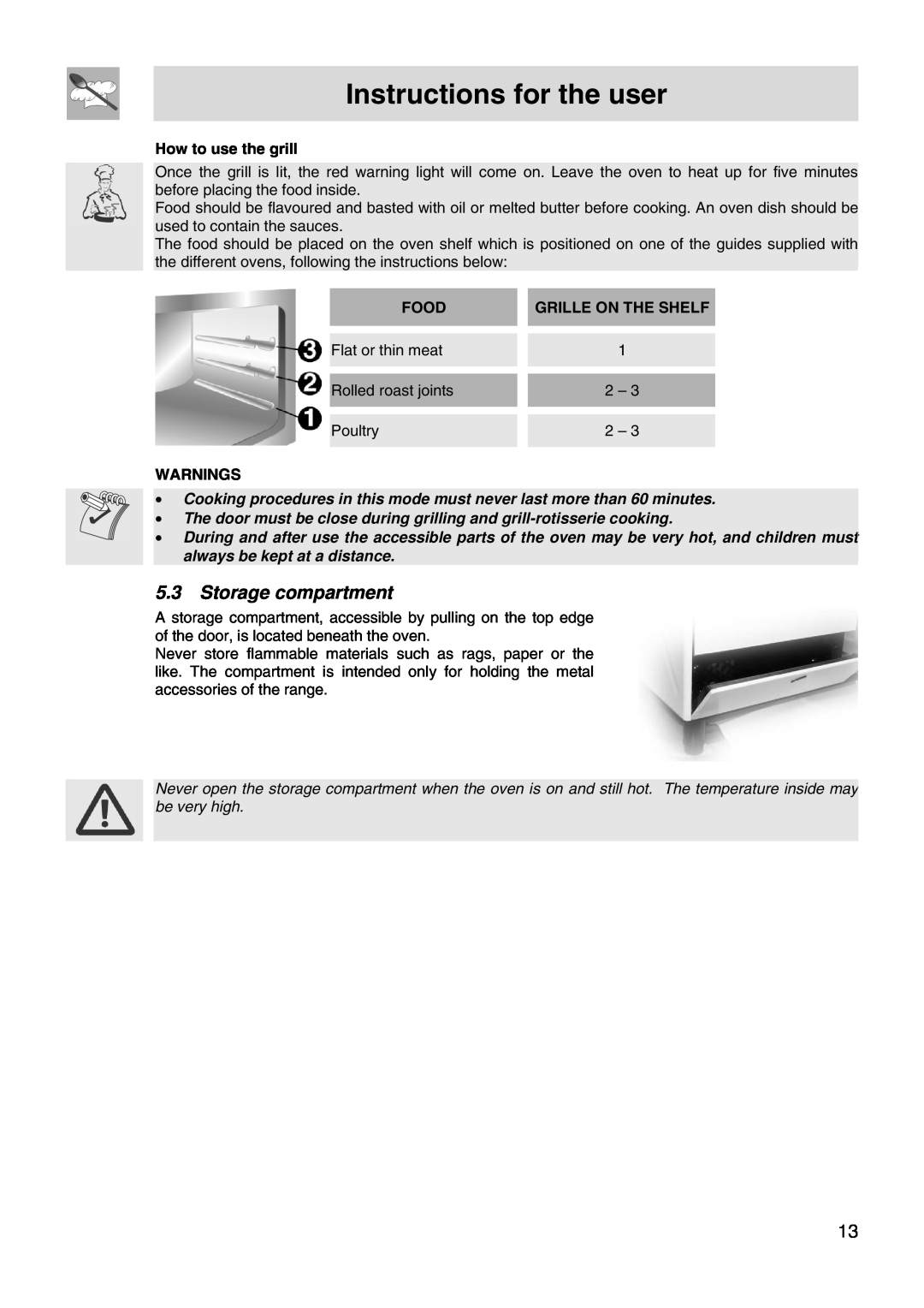 Smeg FS66MFX Storage compartment, Instructions for the user, How to use the grill, Food, Grille On The Shelf, Warnings 