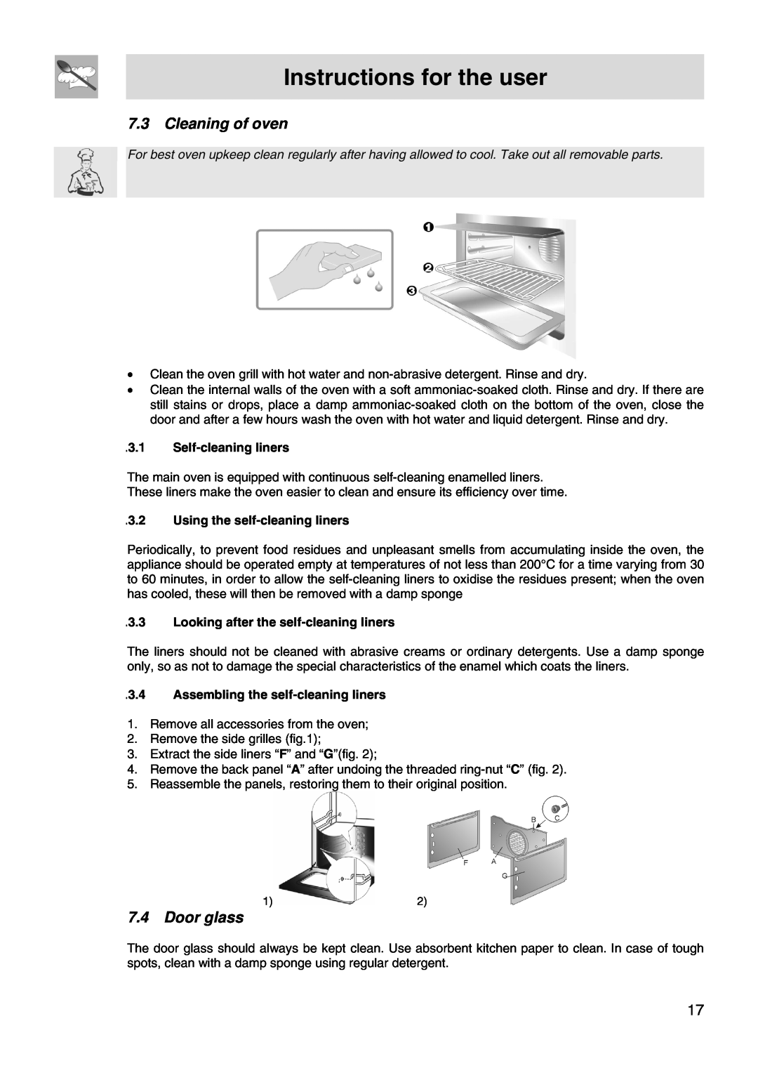 Smeg FS66MFX Cleaning of oven, Door glass, Instructions for the user, Self-cleaning liners, Using the self-cleaning liners 