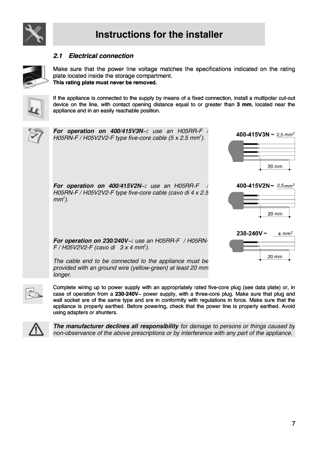 Smeg FS66MFX manual Electrical connection, Instructions for the installer, For operation on 400/415V3N∼ use an H05RR-F 