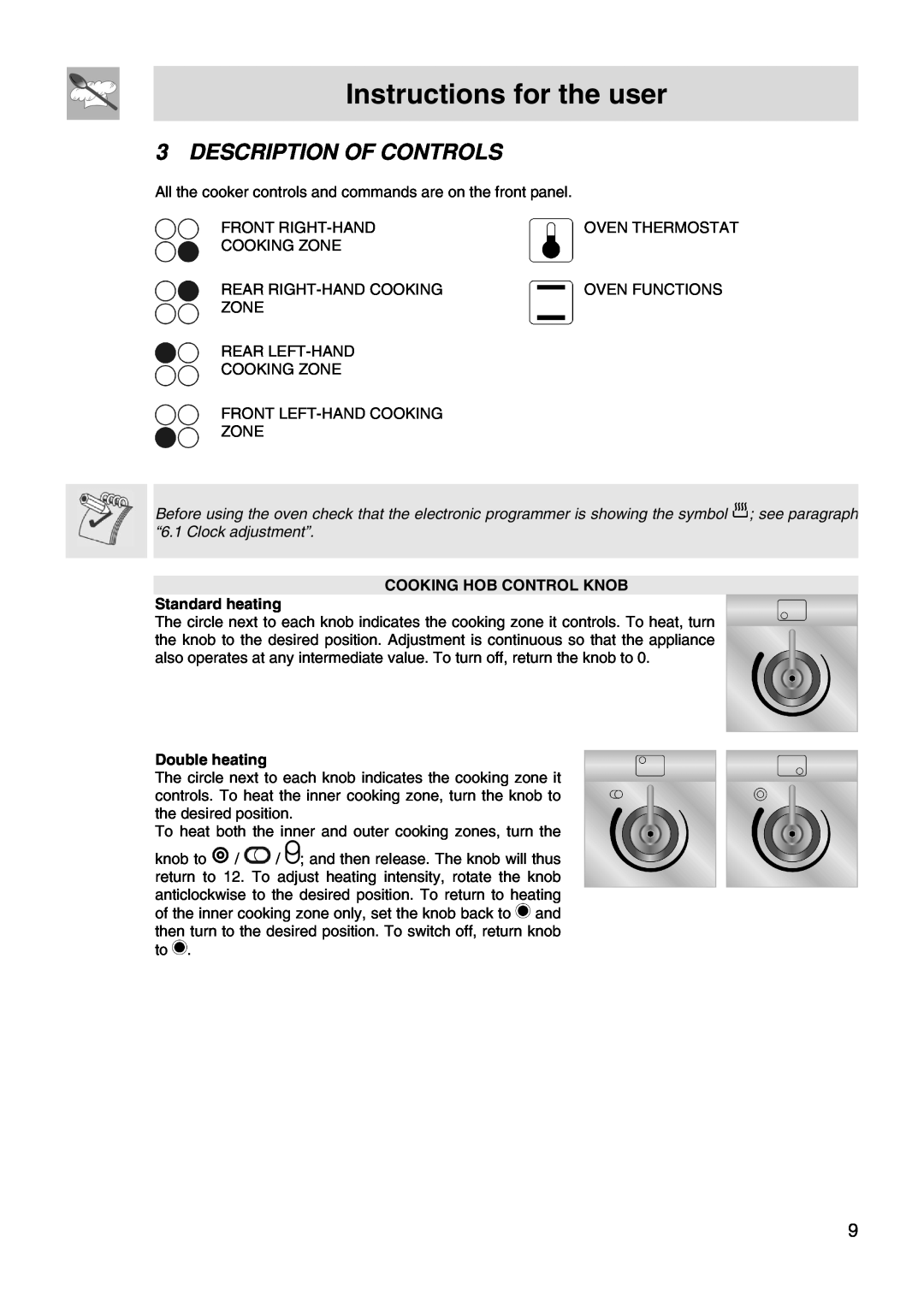 Smeg FS66MFX Instructions for the user, Description Of Controls, COOKING HOB CONTROL KNOB Standard heating, Double heating 