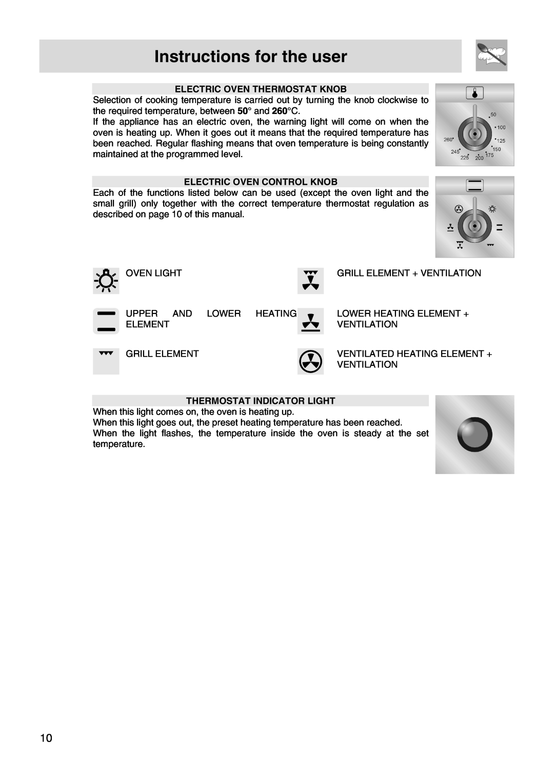 Smeg FS66MFX manual Instructions for the user, Electric Oven Thermostat Knob, Electric Oven Control Knob 