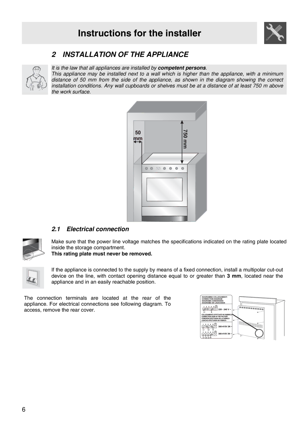 Smeg FS67MFX manual Instructions for the installer, Installation of the Appliance, Electrical connection 