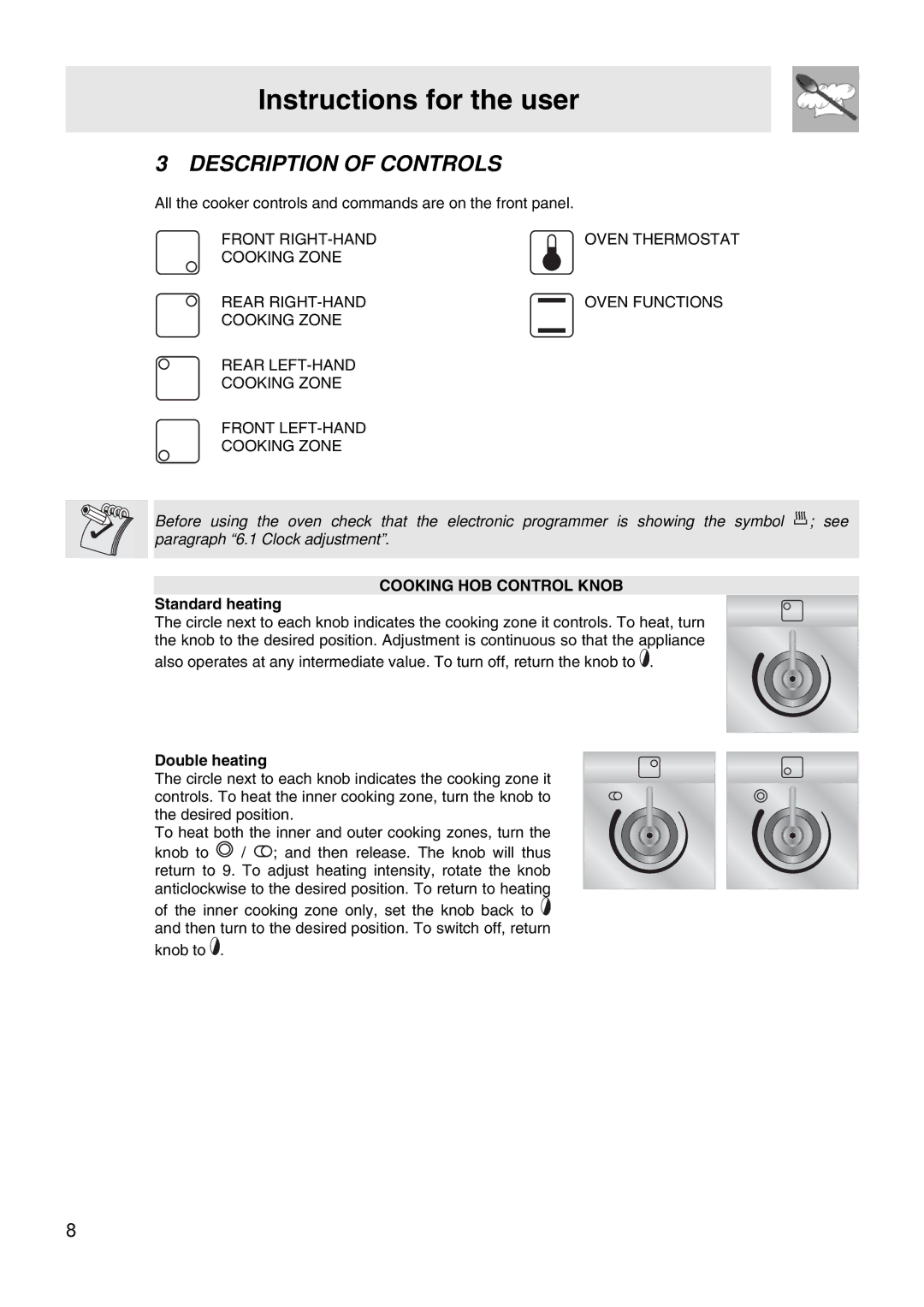 Smeg FS67MFX manual Instructions for the user, Description of Controls, Cooking HOB Control Knob, Standard heating 