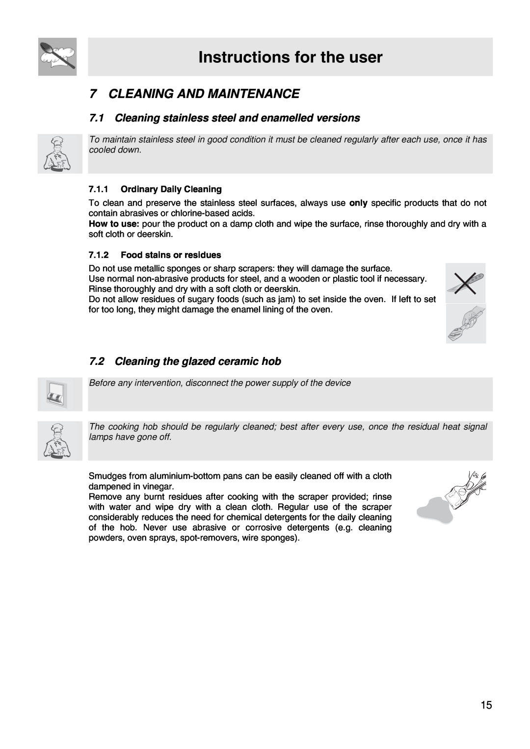 Smeg FS67MFX manual Cleaning And Maintenance, Instructions for the user, 7.2Cleaning the glazed ceramic hob 