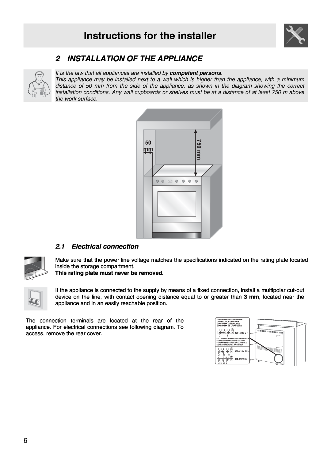 Smeg FS67MFX manual Instructions for the installer, Installation Of The Appliance, This rating plate must never be removed 