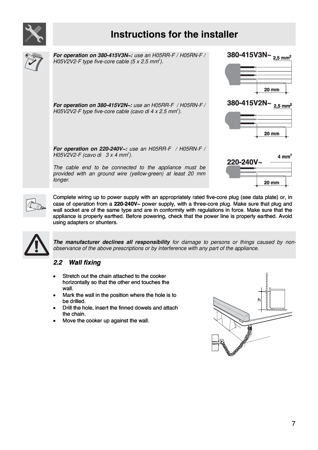 Smeg FS67MFX manual Instructions for the installer, 2.2Wall fixing 