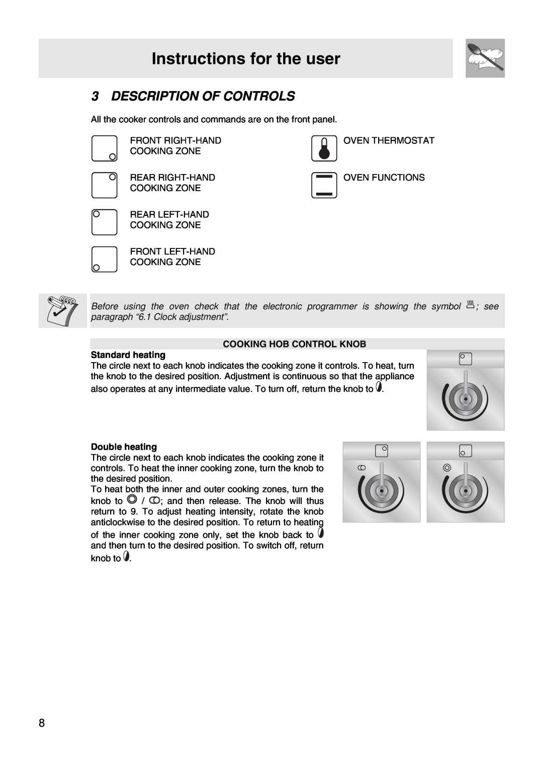 Smeg FS67MFX Instructions for the user, Description Of Controls, COOKING HOB CONTROL KNOB Standard heating, Double heating 