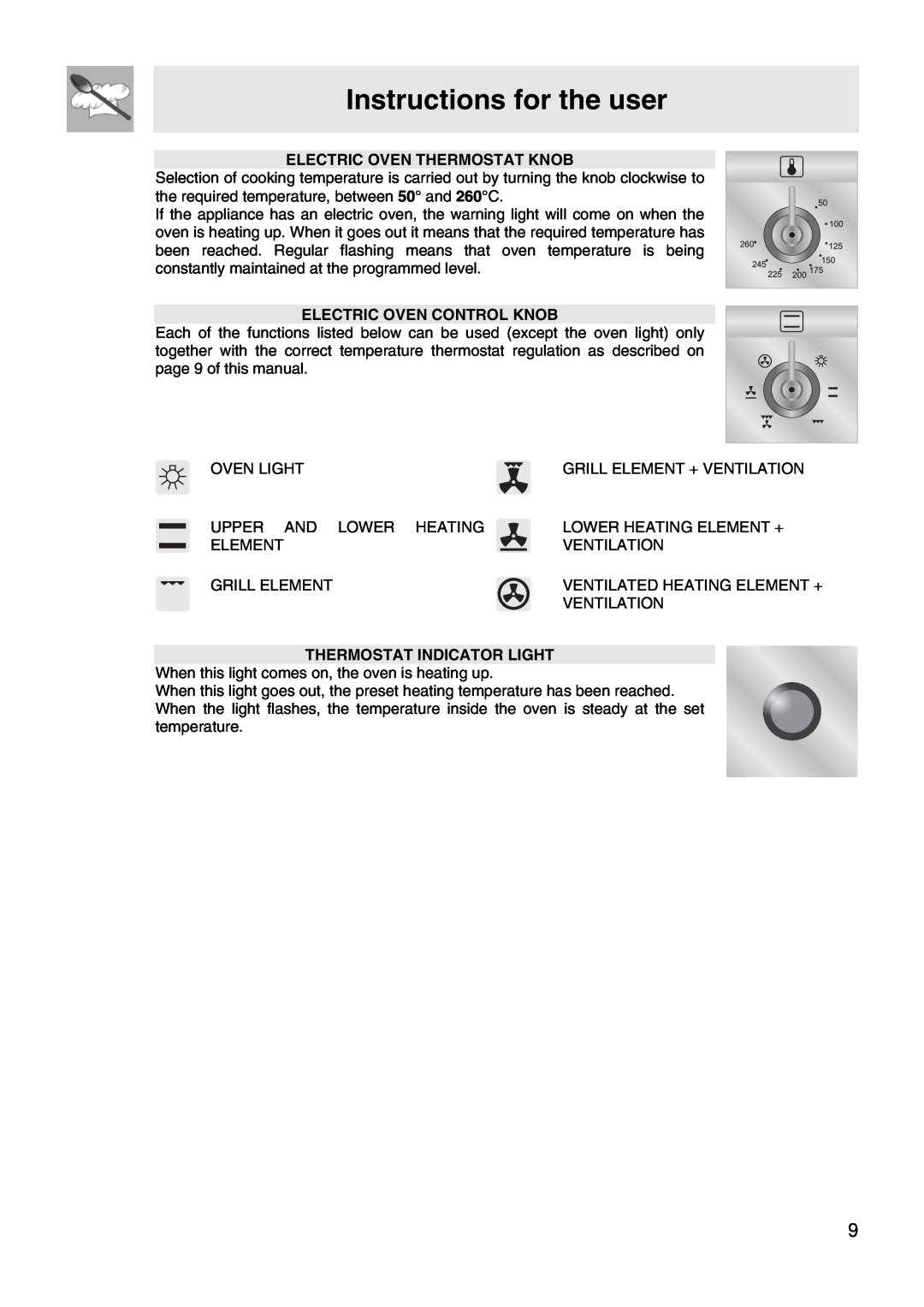 Smeg FS67MFX manual Instructions for the user, Electric Oven Thermostat Knob, Electric Oven Control Knob 