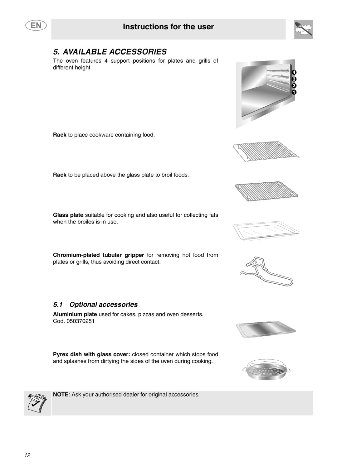 Smeg FU65-5, FU67-5 important safety instructions Available Accessories, Optional accessories 