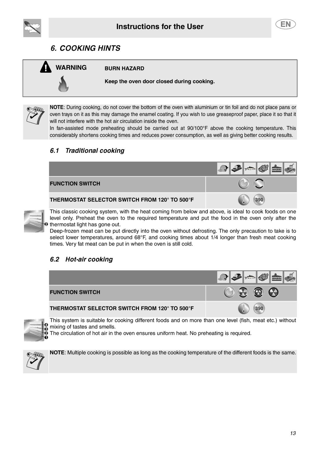 Smeg FU67-5, FU65-5 Cooking Hints, Traditional cooking, Hot-air cooking, Keep the oven door closed during cooking 