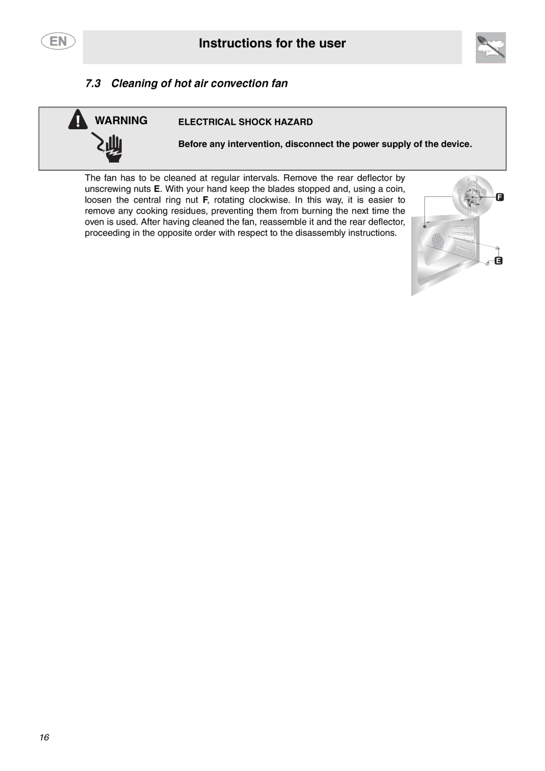 Smeg FU65-5, FU67-5 important safety instructions Cleaning of hot air convection fan 