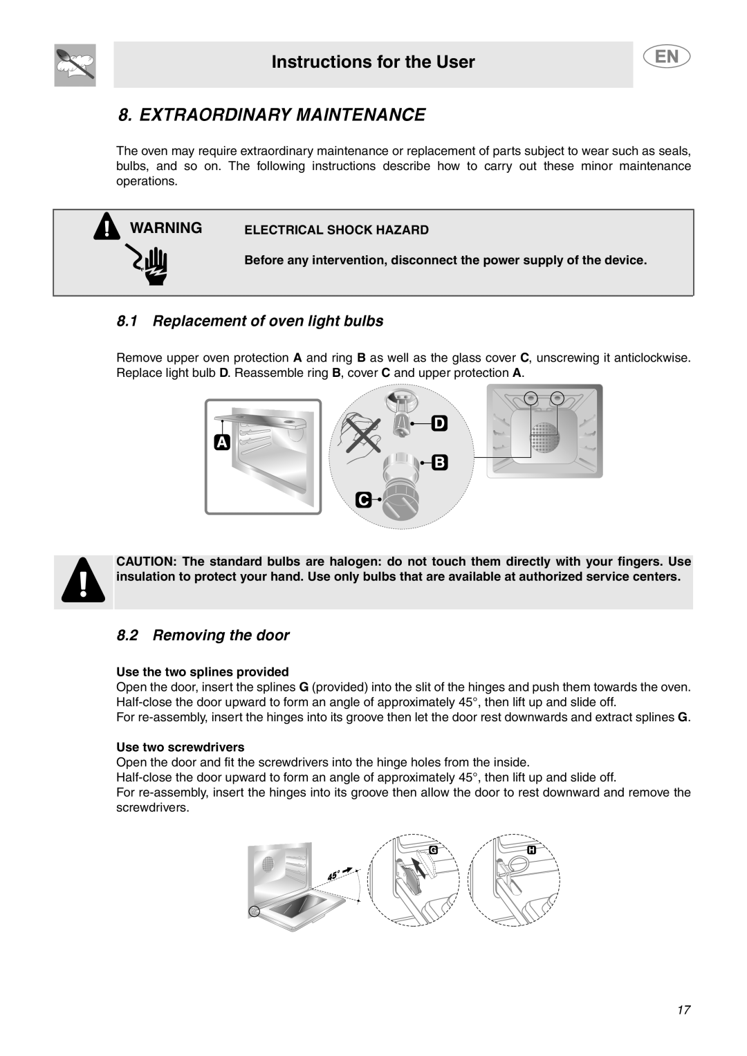 Smeg FU67-5 Extraordinary Maintenance, Replacement of oven light bulbs, Removing the door, Use the two splines provided 