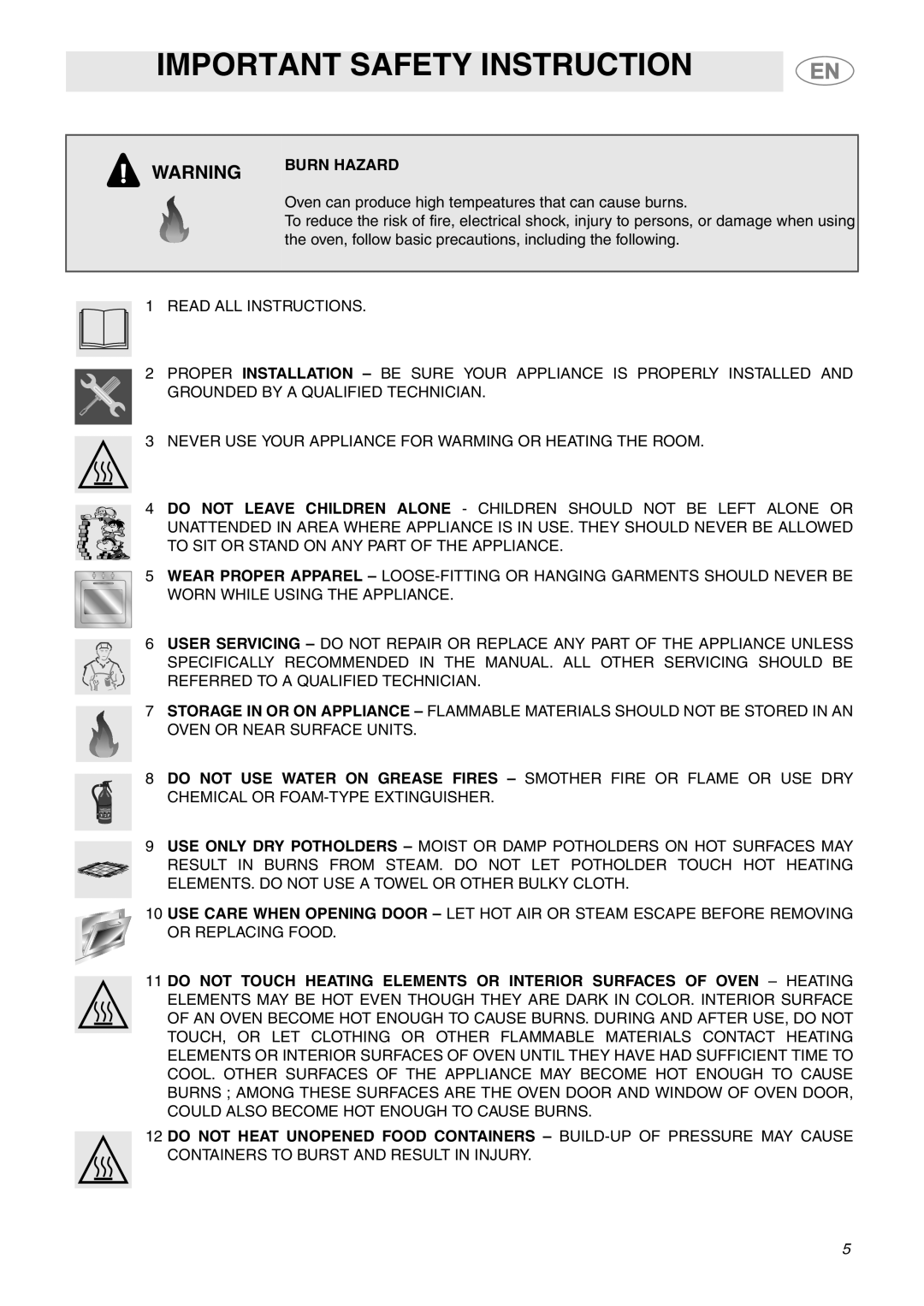 Smeg FU67-5, FU65-5 important safety instructions Burn Hazard 