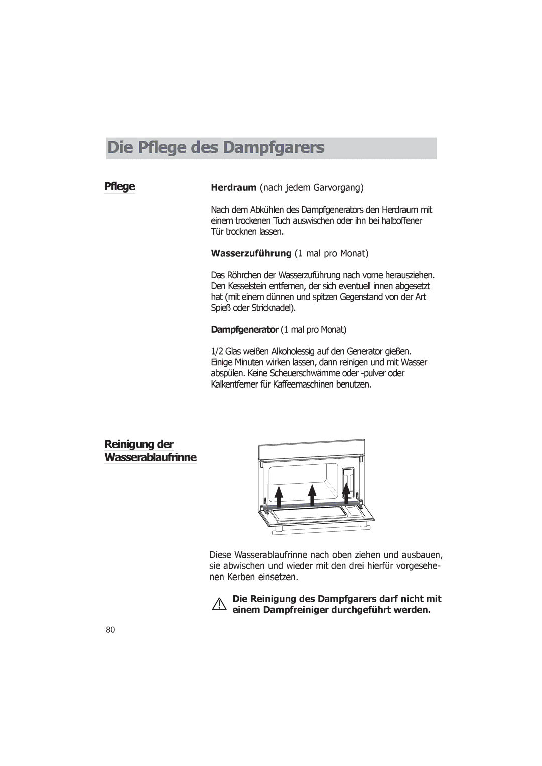 Smeg FV38X manual Die Pflege des Dampfgarers, Reinigung der Wasserablaufrinne 