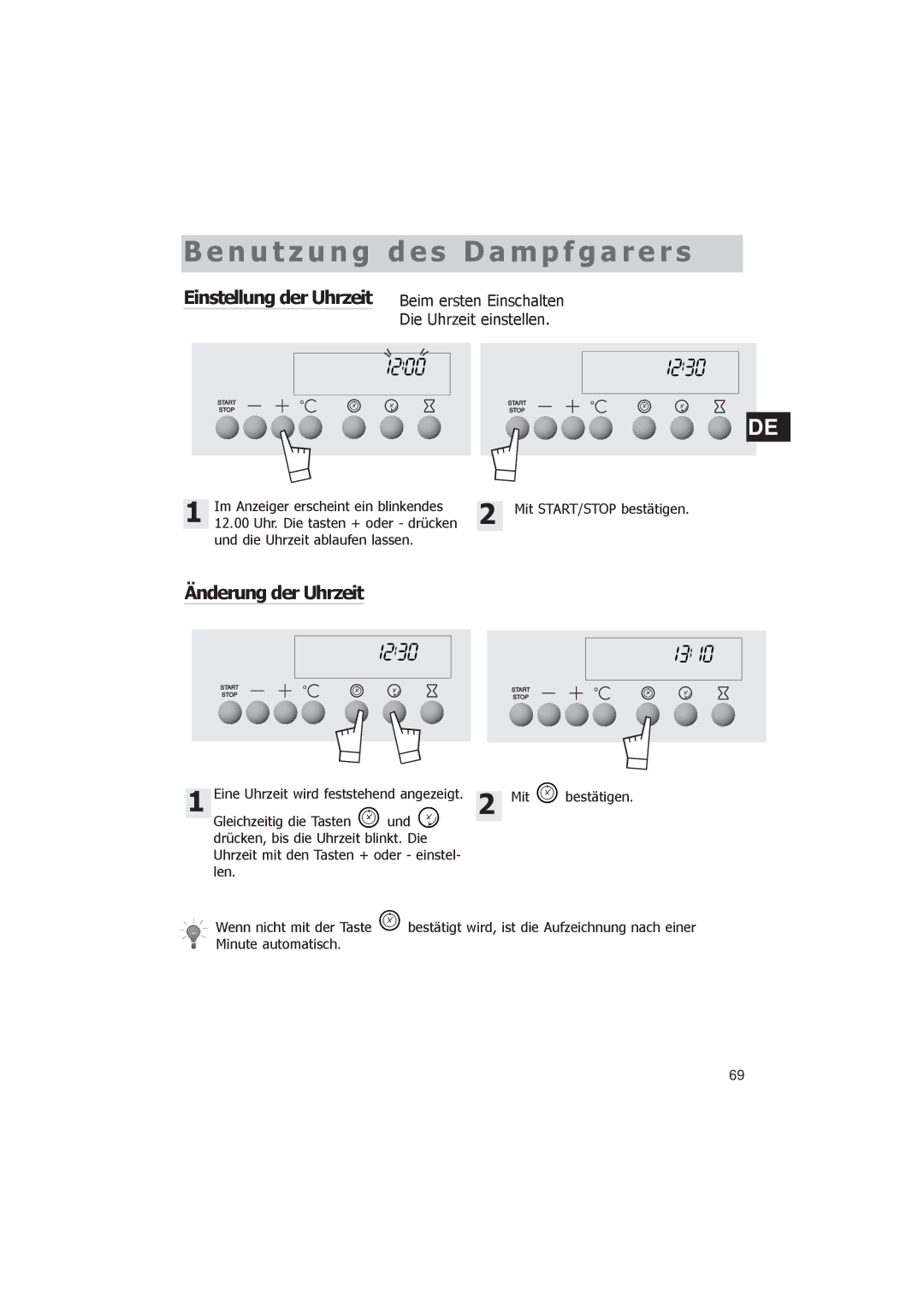 Smeg FV38X manual N u t z u n g d e s D a m p f g a r e r s, Einstellung der Uhrzeit Beim ersten Einschalten 