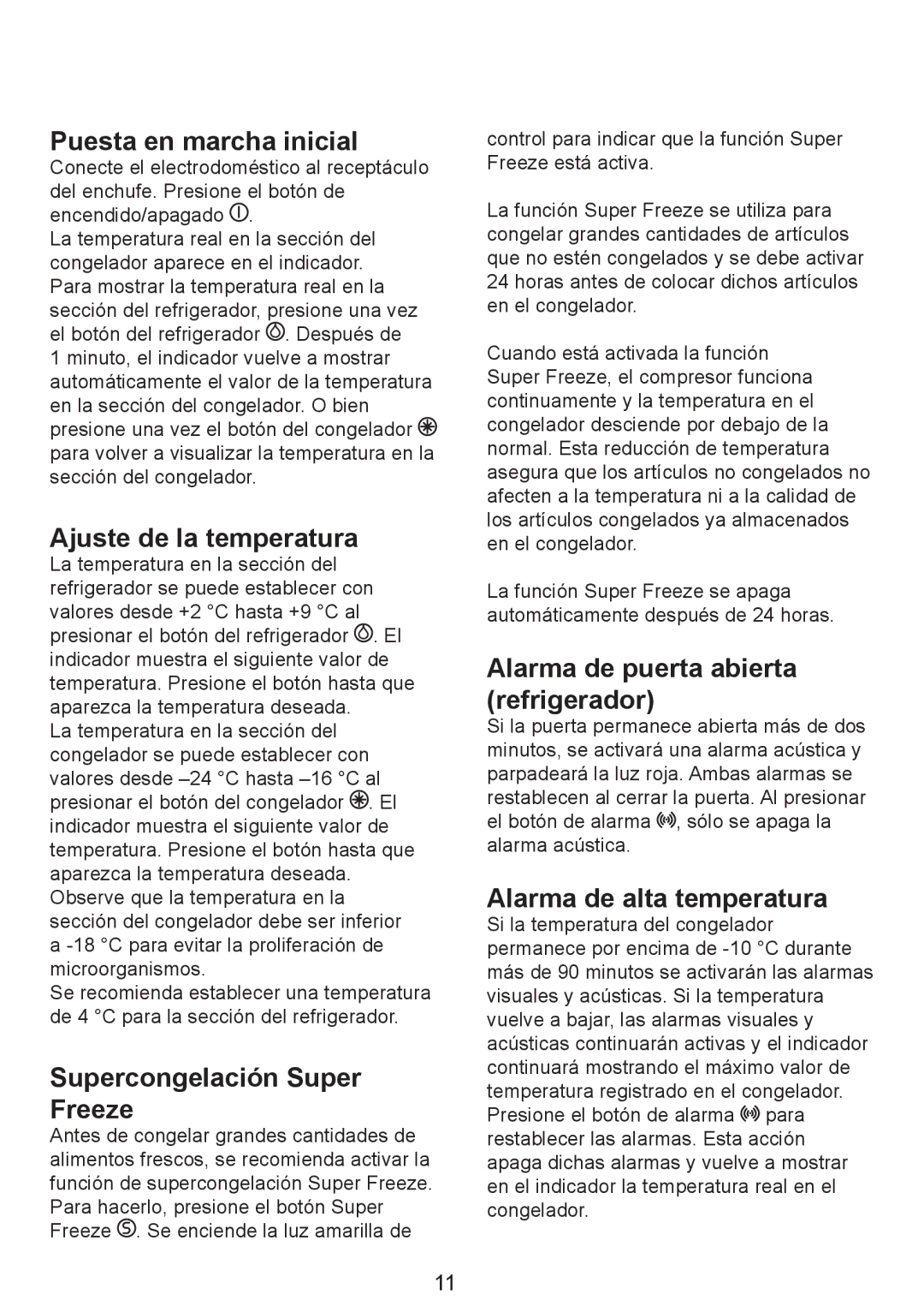 Smeg FZ Puesta en marcha inicial, Ajuste de la temperatura, Supercongelación Super Freeze, Alarma de alta temperatura 