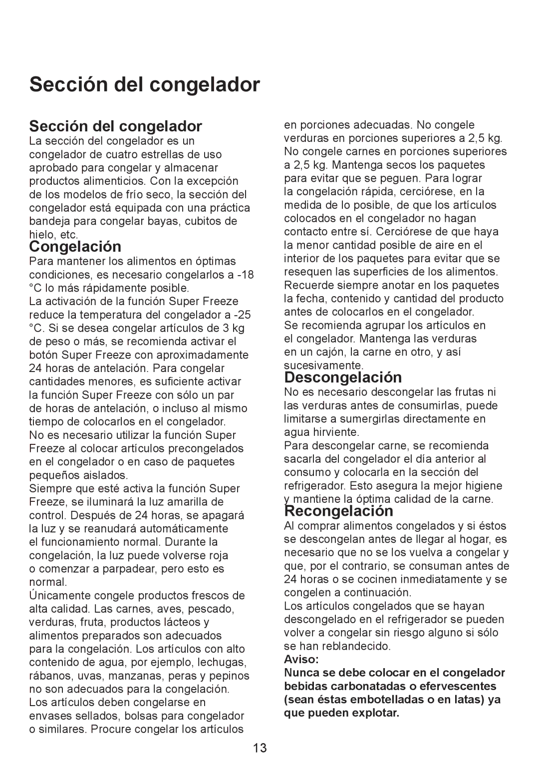 Smeg FZ manual Sección del congelador, Congelación, Descongelación, Recongelación 