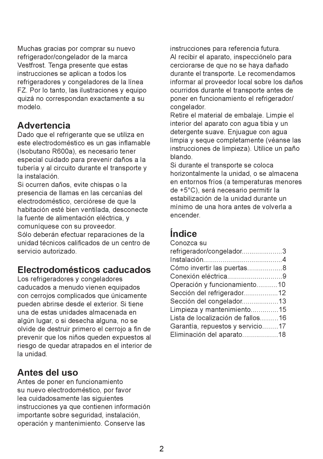 Smeg FZ manual Advertencia, Electrodomésticos caducados, Antes del uso, Índice 