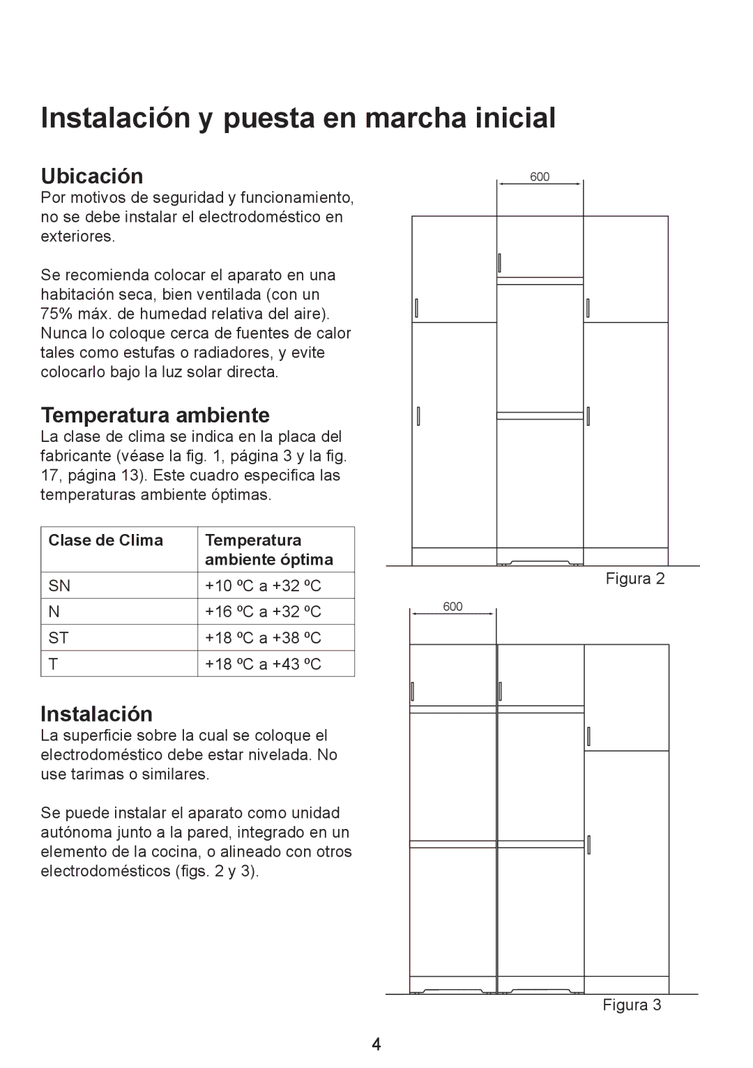 Smeg FZ manual Instalación y puesta en marcha inicial, Ubicación, Temperatura ambiente 