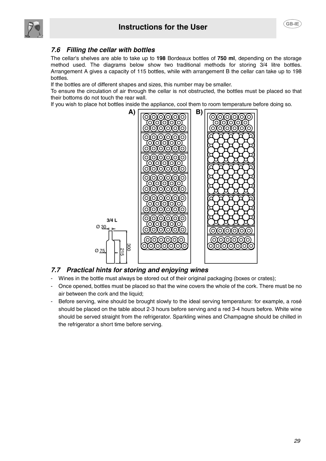 Smeg GB-IE dimensions Filling the cellar with bottles, Practical hints for storing and enjoying wines 