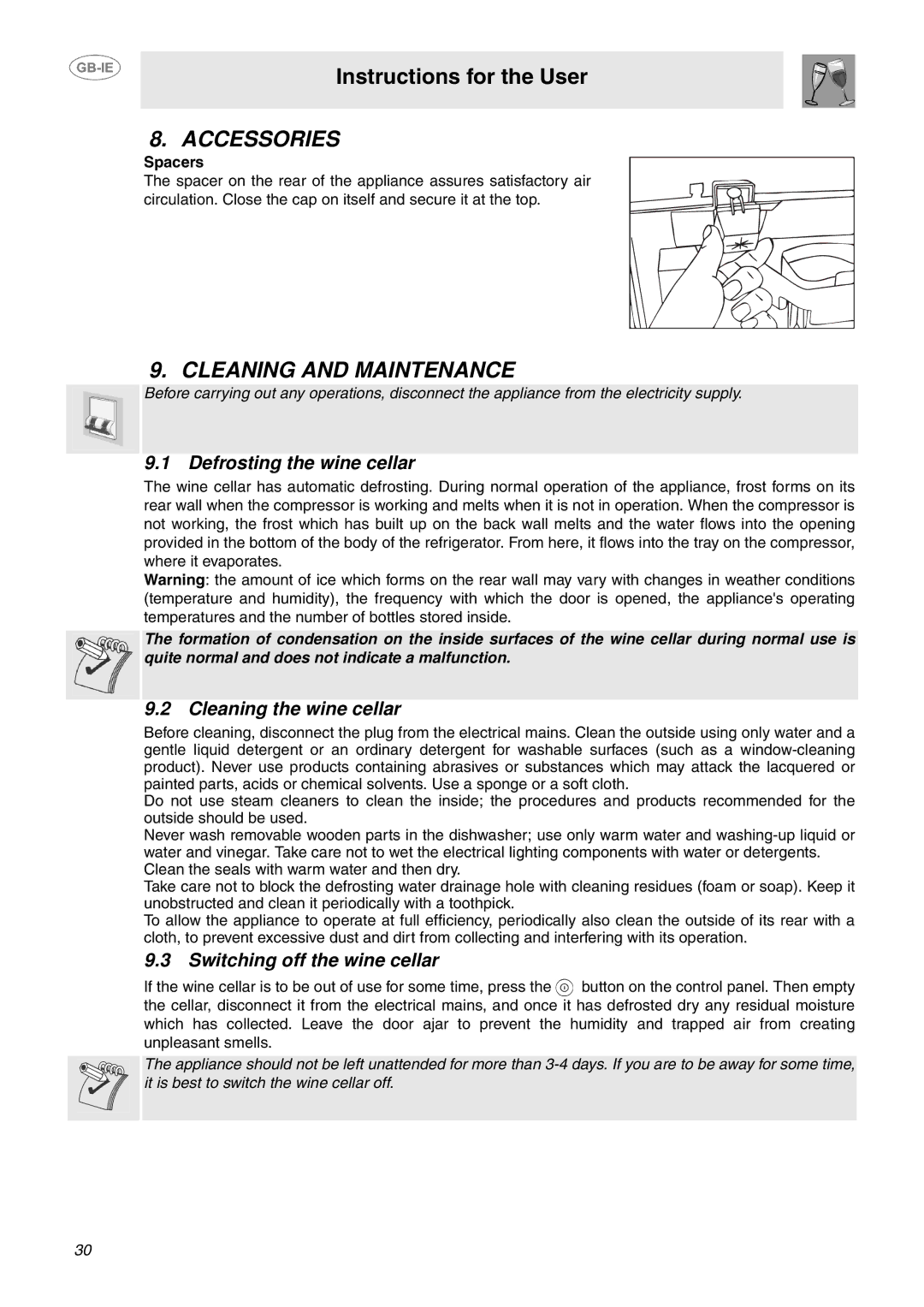 Smeg GB-IE dimensions Accessories, Cleaning and Maintenance, Defrosting the wine cellar, Cleaning the wine cellar 