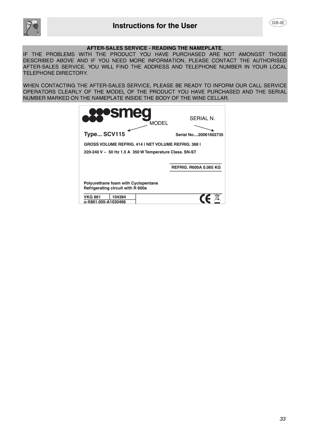 Smeg GB-IE dimensions AFTER-SALES Service Reading the Nameplate 