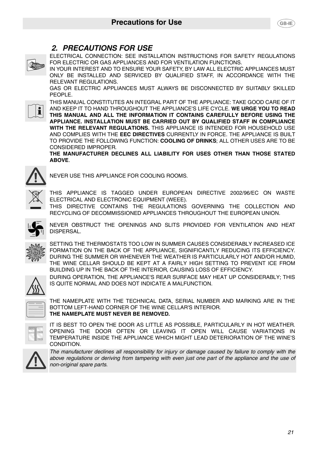 Smeg GB-IE dimensions Precautions for USE, Nameplate Must Never be Removed 