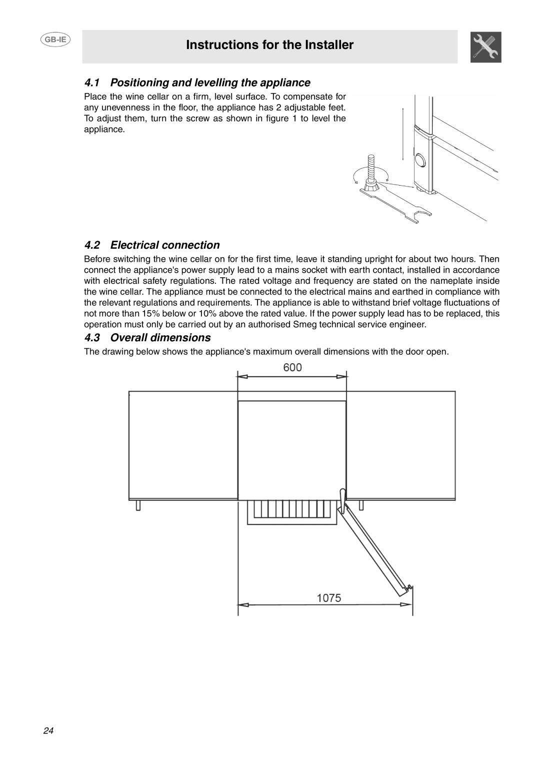 Smeg GB-IE Positioning and levelling the appliance, Electrical connection, Overall dimensions 